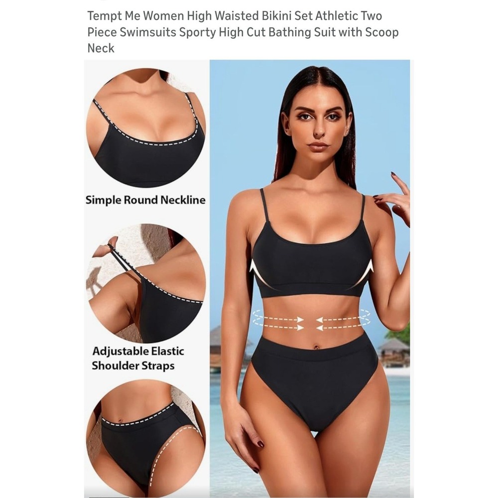 Tempt Me Women Black 2 Piece Swimsuit High Waisted Bikini Set Tummy Control, Med